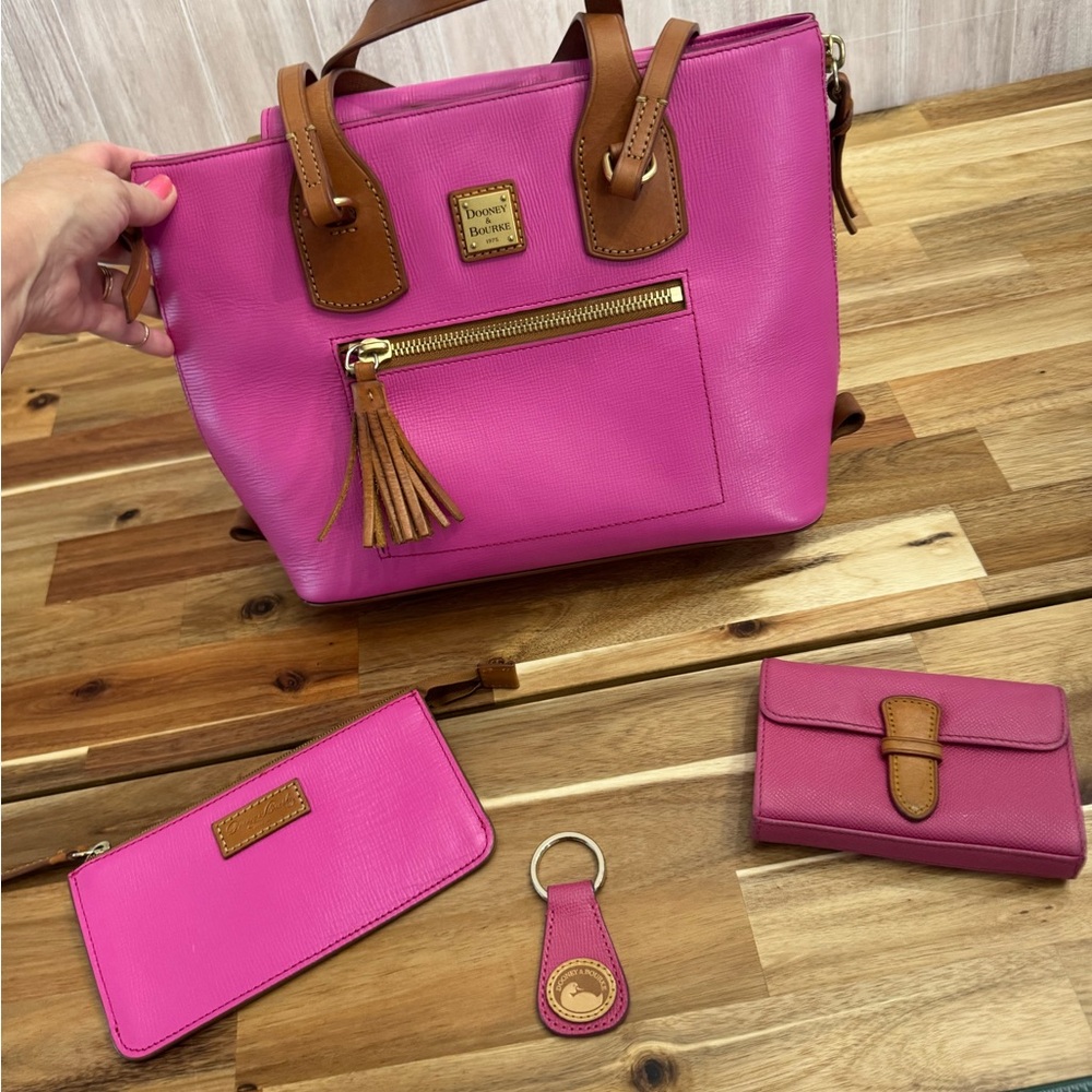 Dooney & Bourke Pink and Brown Tote Bag with a Wallet, Keychain & Accessory bag